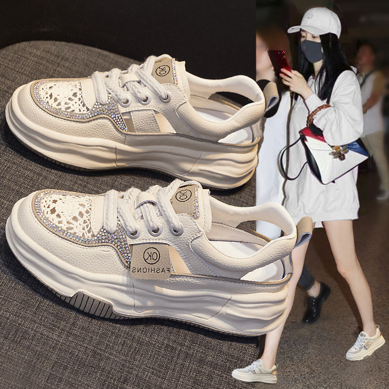 真皮包头凉鞋女2023新款夏季休闲板鞋H镂空透气网面运动老爹小白