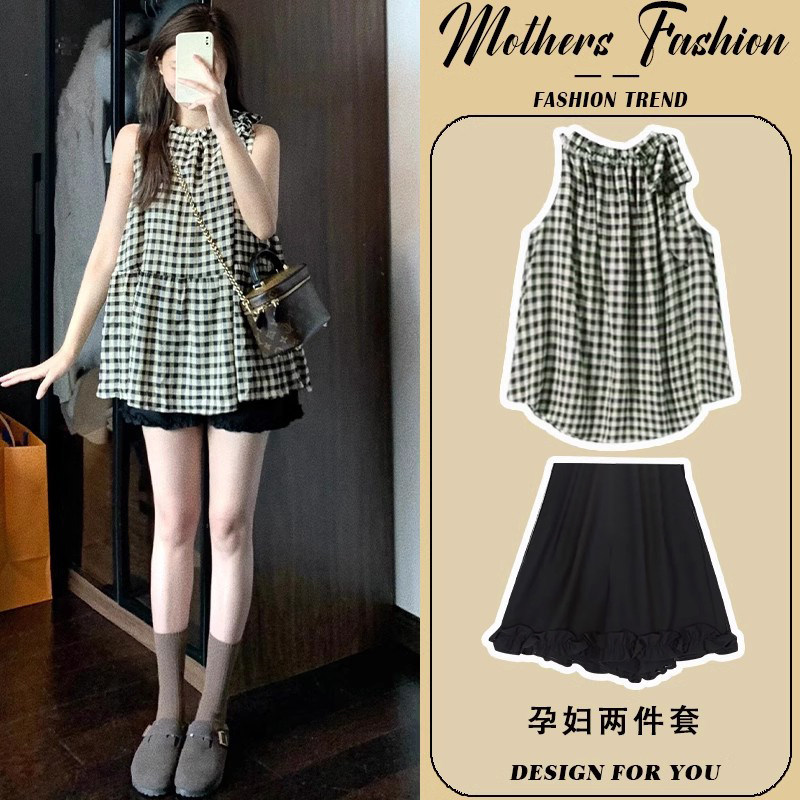孕妇套装肌理感格纹圆领无袖薄款上衣短裤2024新款休闲两件套夏季,孕妇装/孕产妇用品/营养,连衣裙,淘宝优惠券,粉丝福利购,淘宝优惠卷