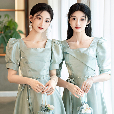 伴娘服女2024新款冬季姐妹团缎面礼服小个子高级感平时可穿伴娘裙