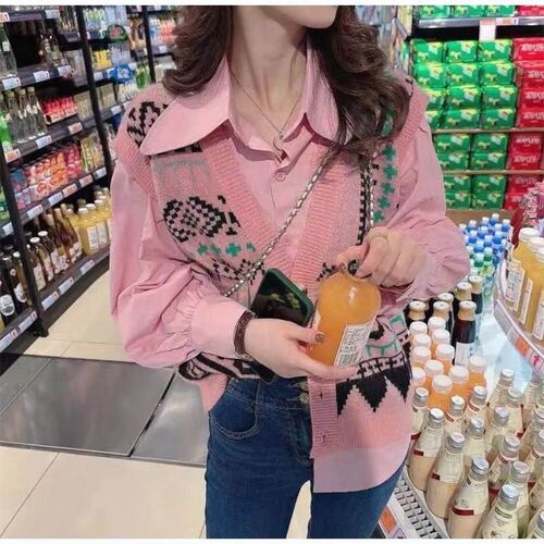 两件套装/单件春秋款韩版针织马甲背心外搭复古时尚外穿毛衣+衬衫
