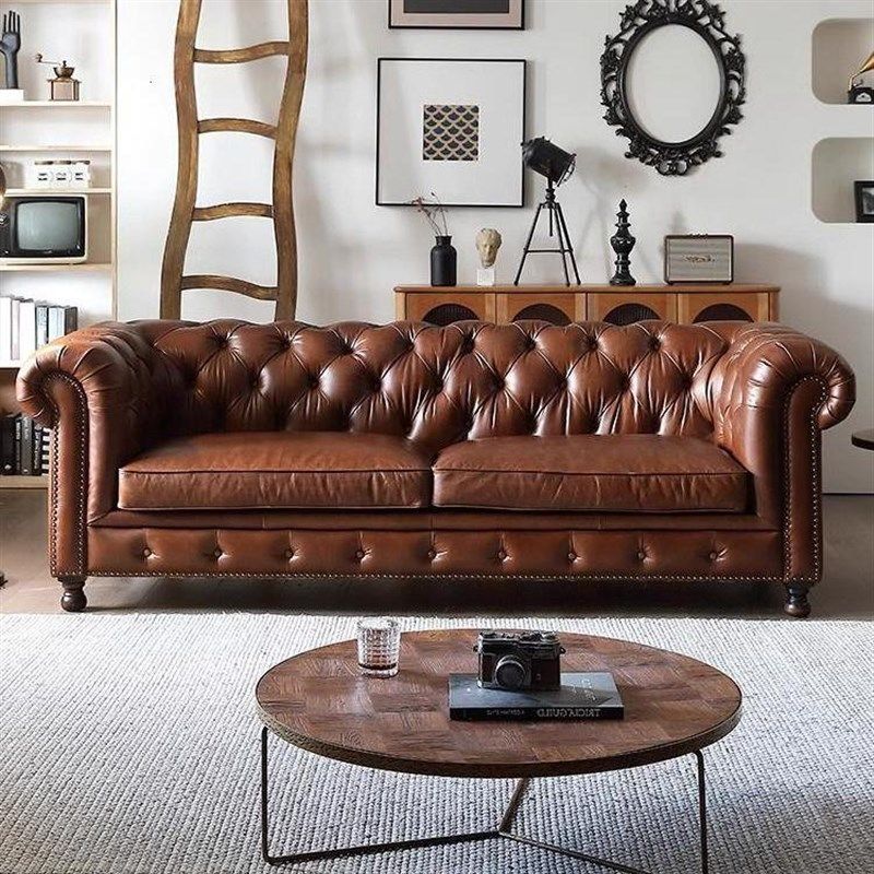 美式真皮沙发拉扣经典复古油蜡皮别墅房客厅小户型样板间实木沙发,住宅家具,岩板餐桌,淘宝优惠券,粉丝福利购,淘宝优惠卷