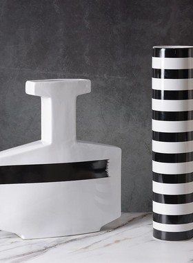 现代简约北欧极简黑白条纹陶瓷花瓶摆件家居样板间餐厅软装饰品