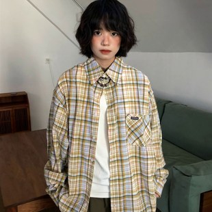 一碗士多 日系中古感条纹衬衫肌理格纹少年复古宽松情侣外套衬衣