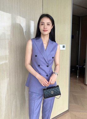 紫色夏款无袖双排扣套装时尚气质九分裤修身西服职业外套女