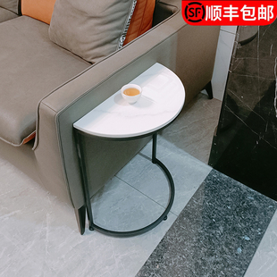 半圆形小桌子边角茶几靠墙网红岩板大理I石金属黑色沙发边窄可定