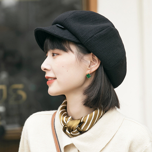 秋冬八角帽女日系百搭小清新纯黑色报童帽女士时尚冬季鸭舌帽新款