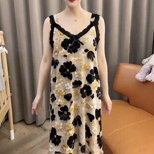 复古文艺范宽松薄款家居服连衣裙夏季无袖印花冰丝睡裙女可外穿