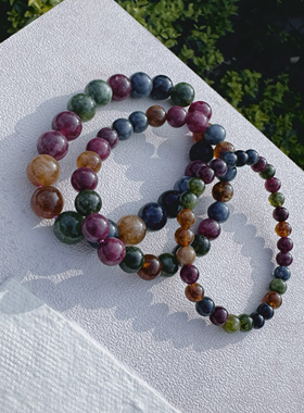 喜饰多彩巴西碧玺手链彩色原石旺夫珠子转运珠深色水晶多圈手串女