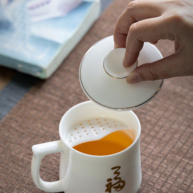 羊脂玉私人订制办公杯福字水杯陶瓷大容量带盖泡茶杯白瓷会议杯子