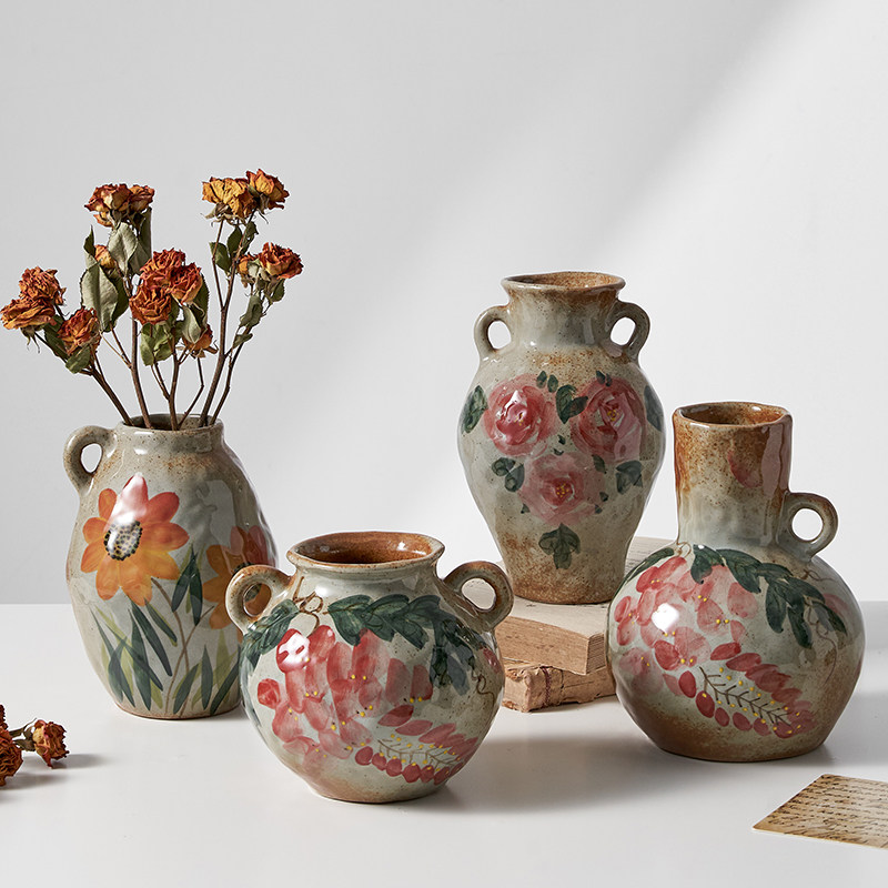 中古手绘陶瓷花瓶摆件水培插花鲜花客厅茶几复古迷你陶罐装饰花器