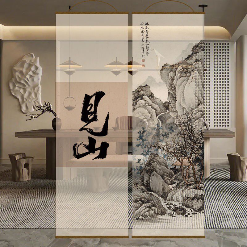 水墨书法字体双面透景屏风纱中式卷帘隔断帘挂帘窗帘客厅透光纱帘