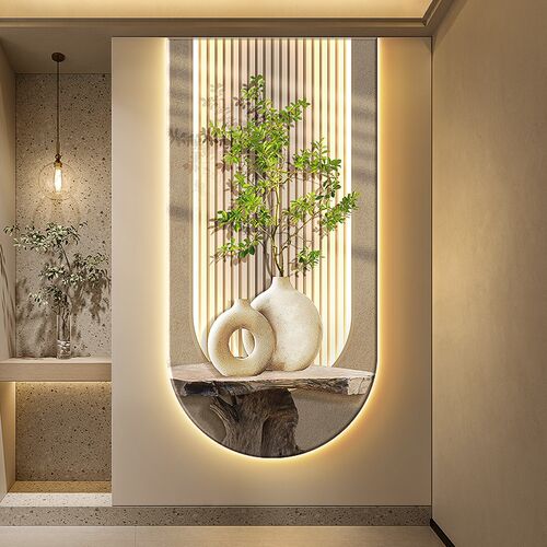 法式奶油风玄关装饰画客厅入户进门挂画光影绿植走廊过道带灯壁画