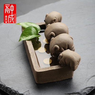 茶宠可养紫砂茶宠物摆件四只小猪喝水精品茶玩个性茶台茶宠猪摆设