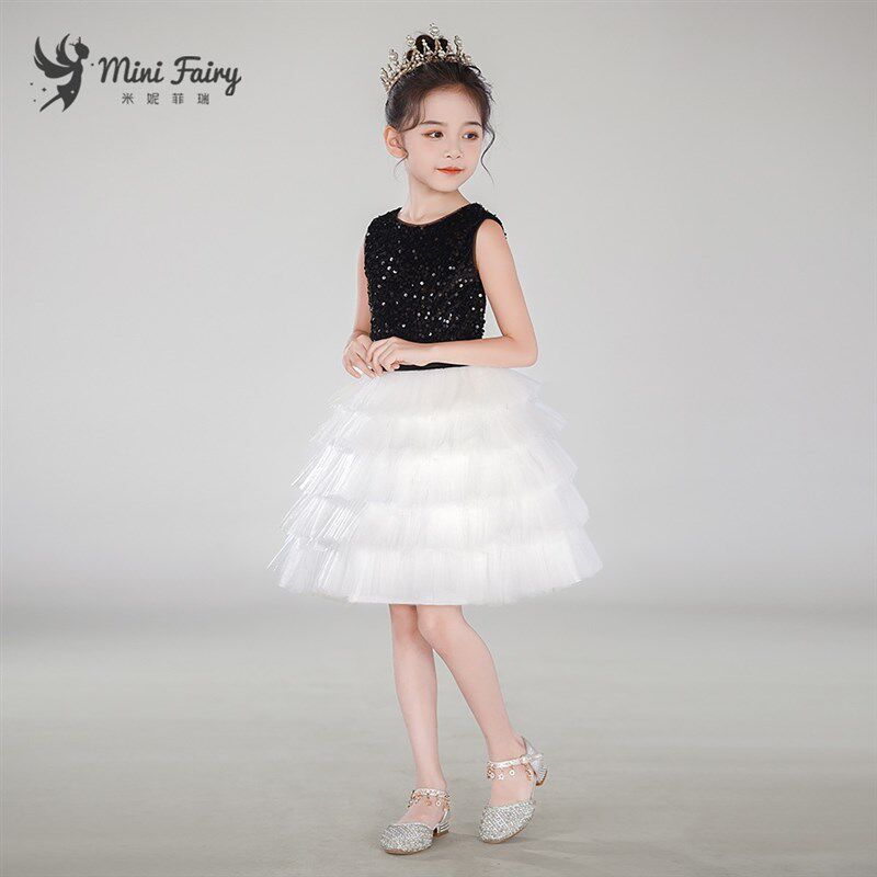女童高端礼服黑白网纱蛋糕裙女孩小提琴演奏比赛公主裙钢琴演出服