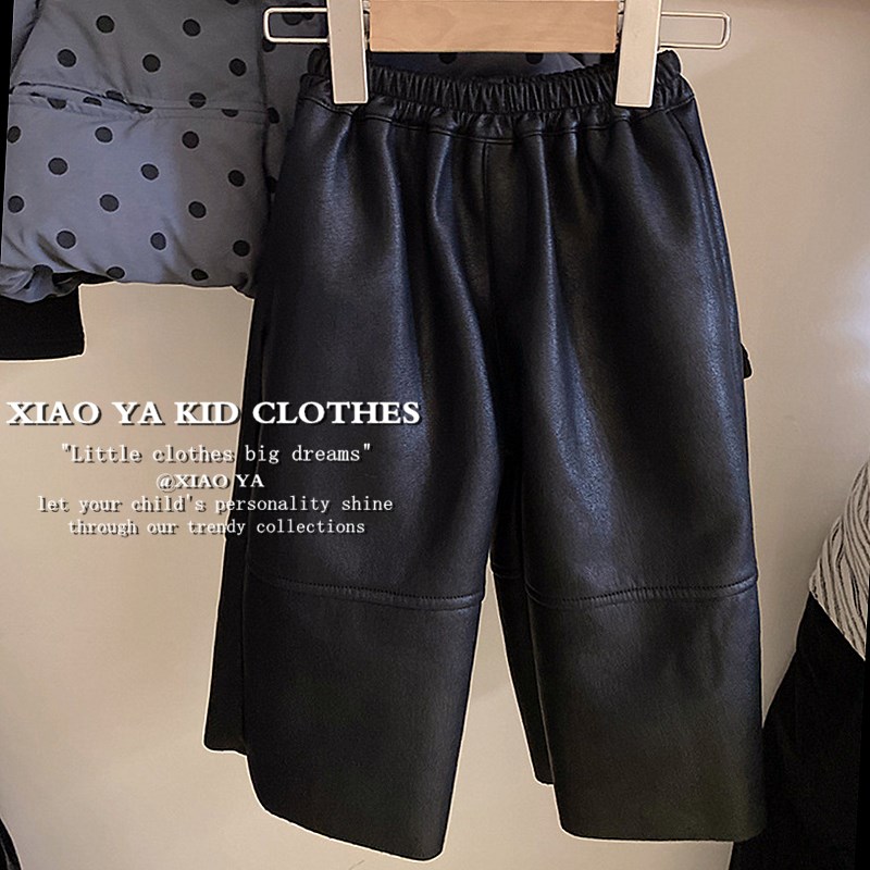 韩国女童加绒皮裤中小童冬季厚直筒裤子宝宝百搭时尚宽松加厚长裤