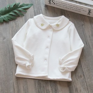 女童加绒打底衫秋冬季加厚宝宝白色衬衫纯棉儿童娃娃领保暖白衬衣