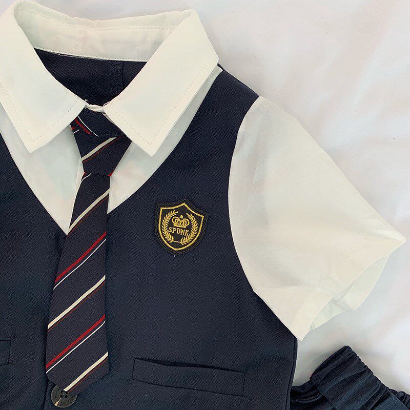 童辰辰妈童装学院风假两件套装夏季儿童时髦短袖衬衫男童西裤短裤