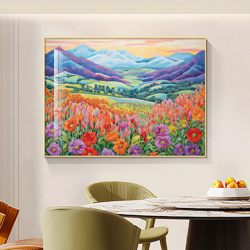 彩色山脉饭厅装饰画莫奈繁花油画治愈系花卉饭厅挂画客厅餐桌壁画图片