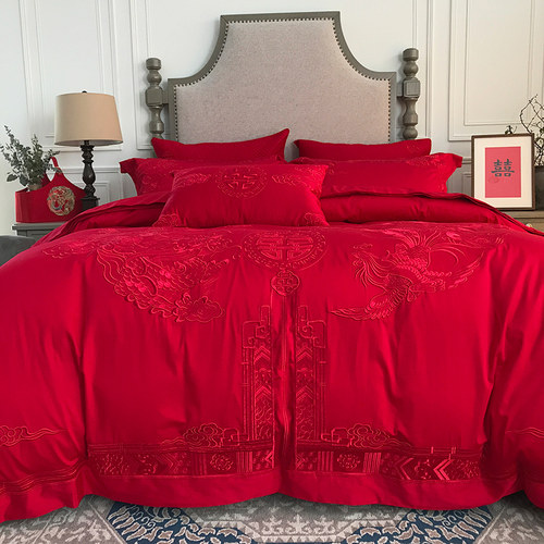100支高端婚庆全棉四件套陪嫁婚嫁套件红色婚礼喜被结婚床上用品