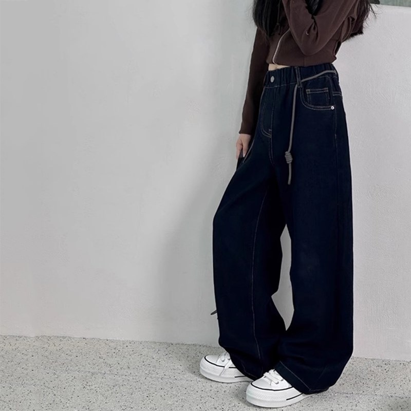 童装秋款女童四面弹超软直筒牛仔裤中大童系绳休闲长裤加绒阔腿裤