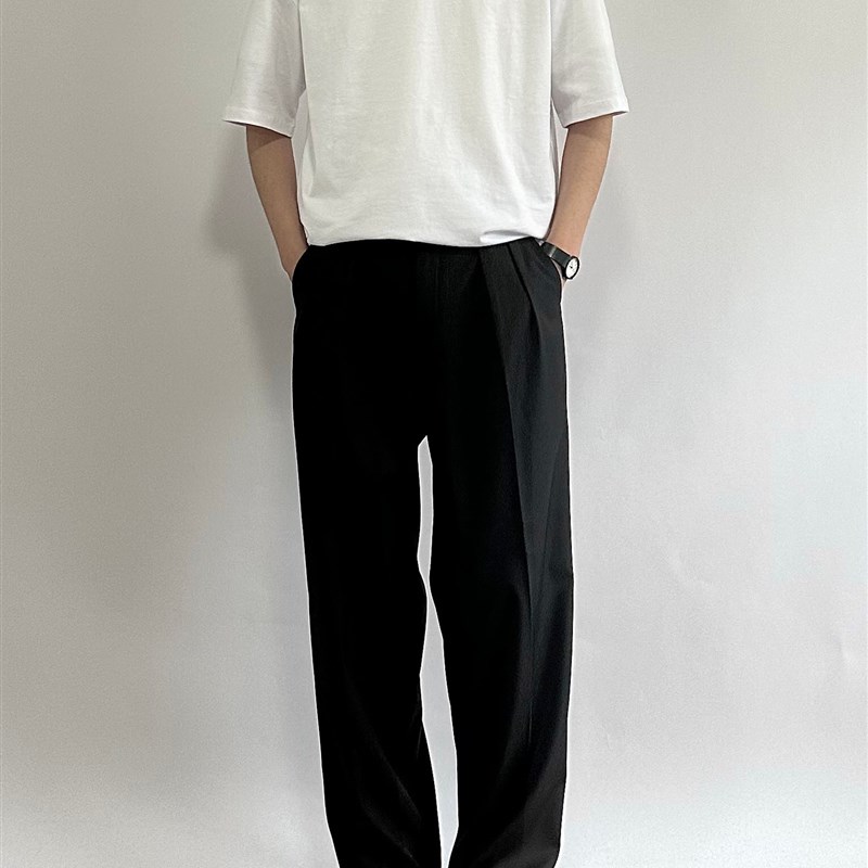 ONUN 宽松直筒廓形中缝西裤半松紧腰双褶阔腿休闲垂坠感抗皱长裤