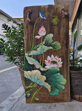 中式复古手绘木板画卧室客厅风化木装饰挂画荷花室内户外牌匾定制