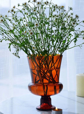 OOOOH简约中古风灯高脚玻璃花瓶法式复古桌面插花水培摆件