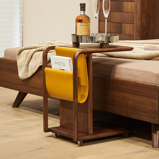 意式轻奢北美黑胡桃木沙发边几c型角几客厅实木可移动小茶几带轮