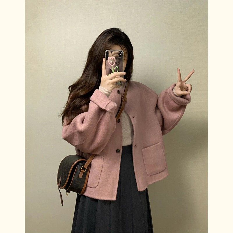 高级感粉色短款呢子大衣女秋冬装小个子宽松显瘦百搭显高毛呢外套,女装/女士精品,毛呢外套,淘宝优惠券,粉丝福利购,淘宝优惠卷