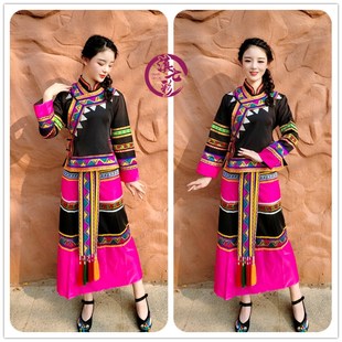 新款拉祜族女装玫红色筒裙长袖套装黑色佤族女装滇七彩民族服装