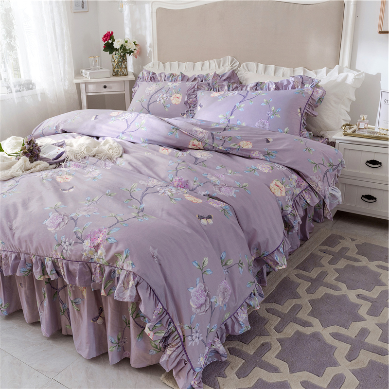 床上四件套全棉纯棉床裙款四季通用家用紫色秋季田园风被套荷叶边
