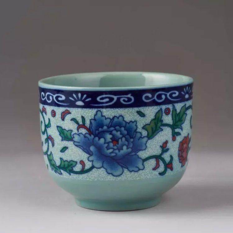 小茶杯江中杯酒杯青瓷青花瓷牡丹覆古中国酒店餐厅陶瓷茶杯茶具