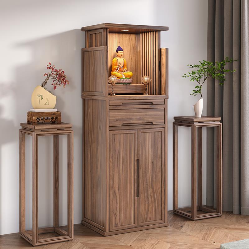 新中式黑胡桃木立柜带门双层神龛现代家用隐藏门佛龛财神菩萨柜子