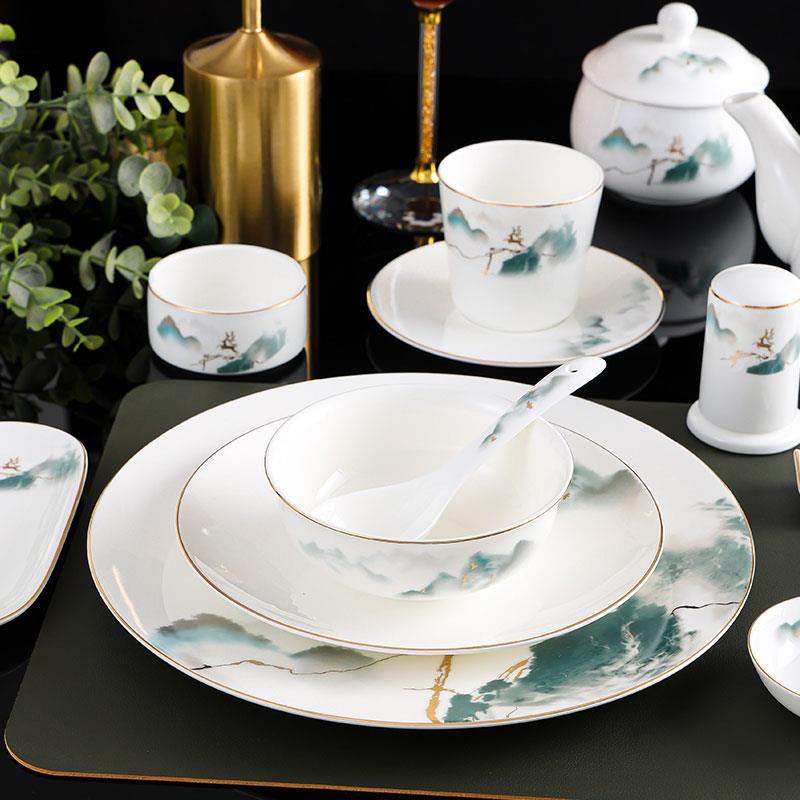 中式酒店骨瓷摆台餐具三四件套套装高档金边饭店会所包厢商用定制