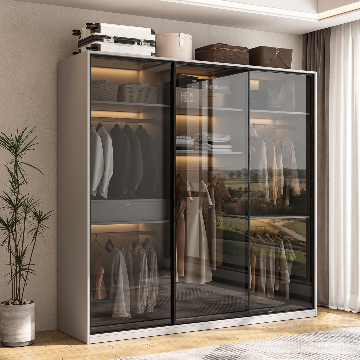 实木衣柜卧室家用小户型现代简约玻璃滑门柜独立式大容量收纳衣橱