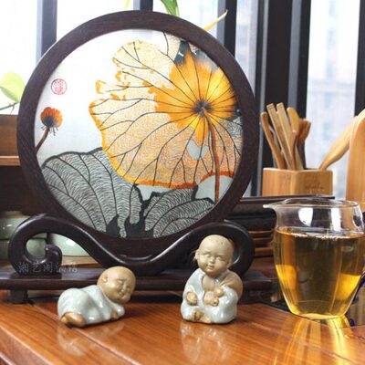 湘绣双面绣摆件纯手工刺绣成品荷花荷叶居家装饰摆台元旦新年礼品
