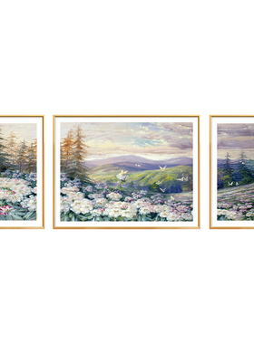 紫色花海风景油画客厅装饰画沙发背景墙挂画三联花卉山野壁画田园