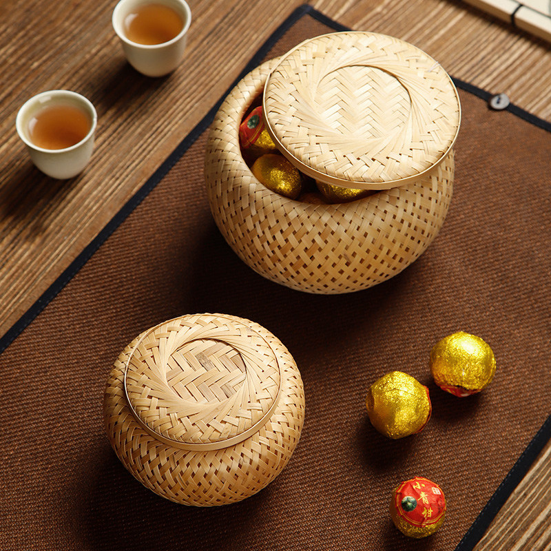 手工竹编小茶篓便携茶叶罐双层小号储存茶罐小沱茶盒收纳盒竹篓子