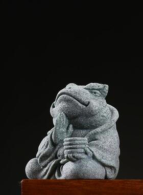 中式国潮风青砂石迷你麒麟金蟾动物家居摆件 茶几禅意石材桌面造