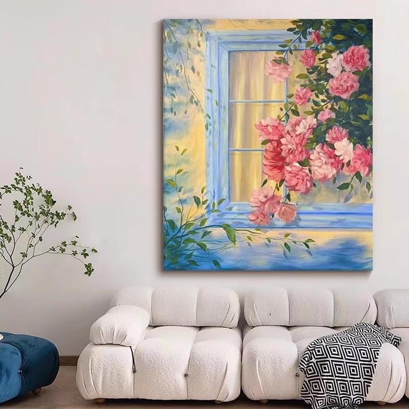 治愈系手绘玄关装饰画客厅牡丹花卉挂画肌理油画暖色风景壁画无框图片