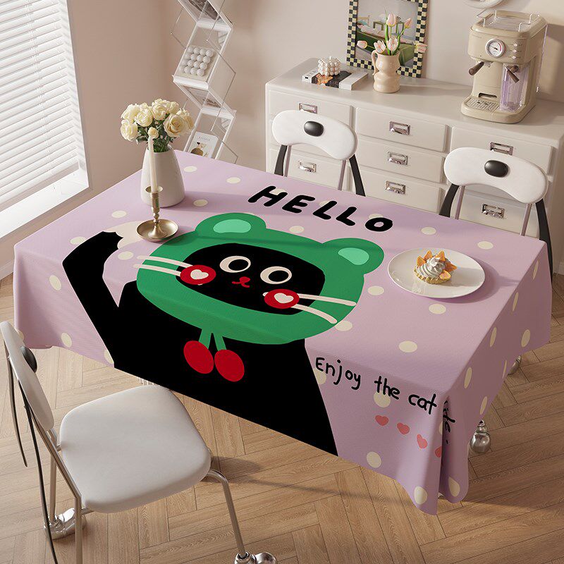 波点小猫桌布餐桌办公桌防尘布in卡通风棉麻布艺防水茶几布