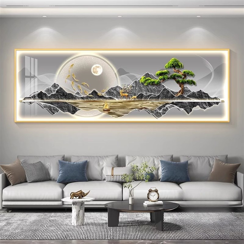 带灯迎客松茶室挂画LED背有靠山客厅墙上装饰画沙发背景墙壁灯画