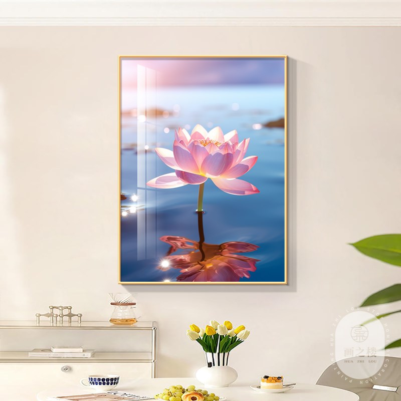 2024新款荷塘月色客厅装饰画莲花餐厅挂画荷花晶瓷背景墙壁画