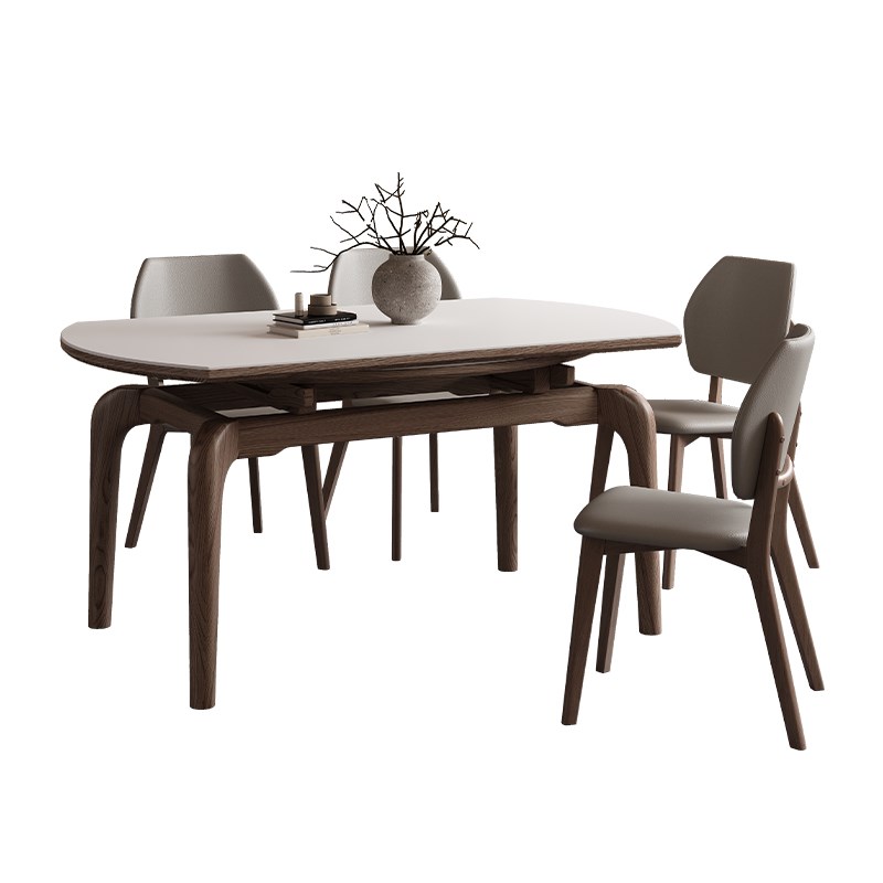 可伸缩岩板餐桌椅方变圆两用胡桃木色现代家用小户型饭桌子