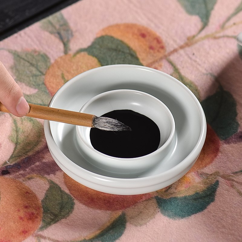 宝塔陶瓷墨池带盖多功能墨盒学生书法双圈防干调色笔洗墨碟笔舔