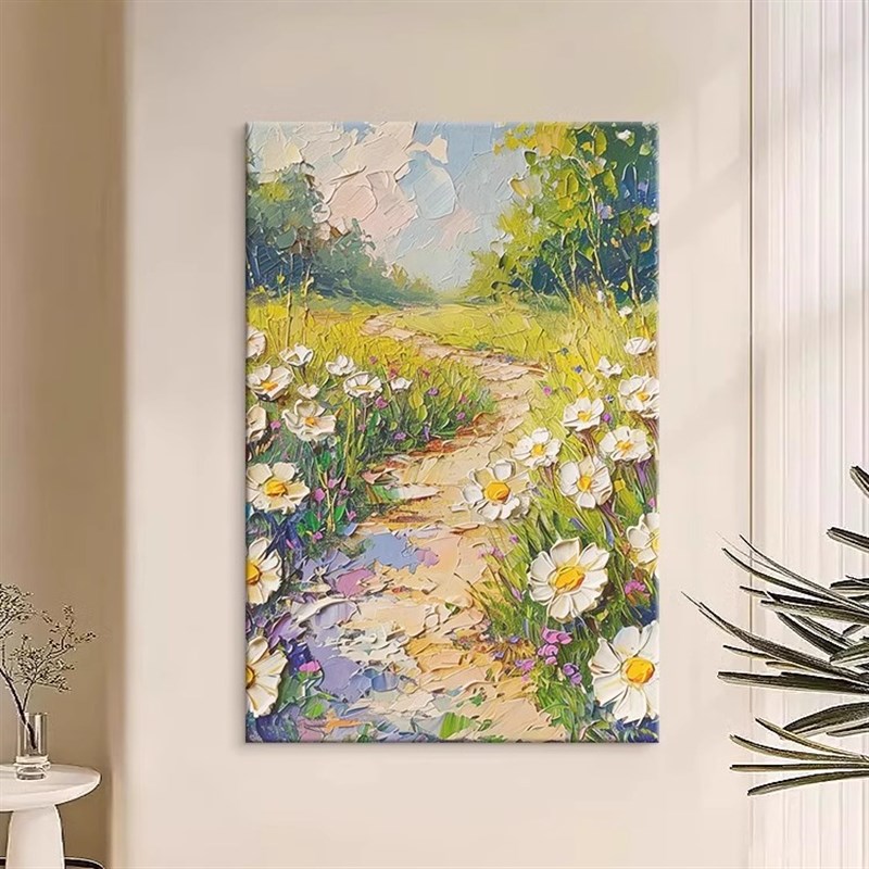 纯手绘油画肌理立体小雏菊客厅装饰画欧式梵高花卉正对门玄关挂画图片