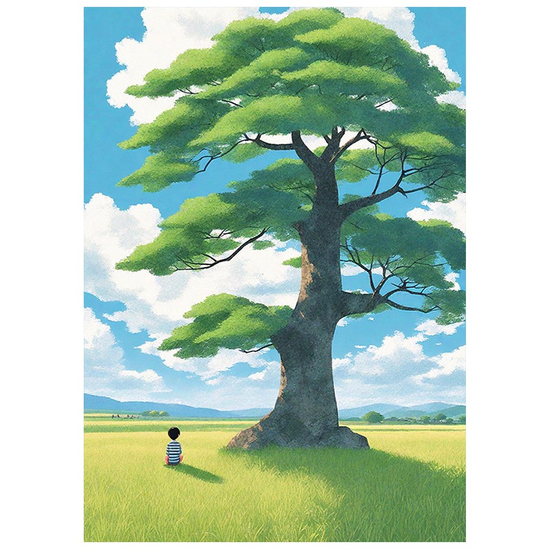 客厅参天大树装饰壁画卡通治愈系纯手绘油画玄关草原蓝天白云挂画