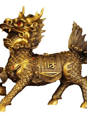 铜麒麟摆件一对黄铜火麒麟招财入户门瑞兽家居客厅办公室装饰礼品