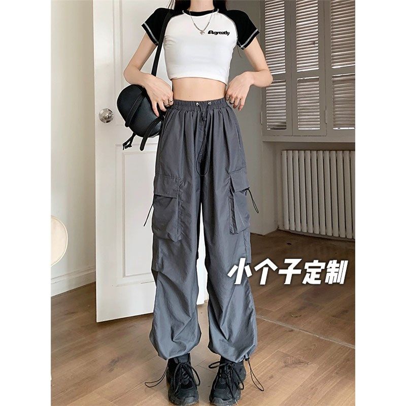 150小矮个子美式高街抽绳工装裤女高腰休闲直筒S阔腿束脚xs九分夏