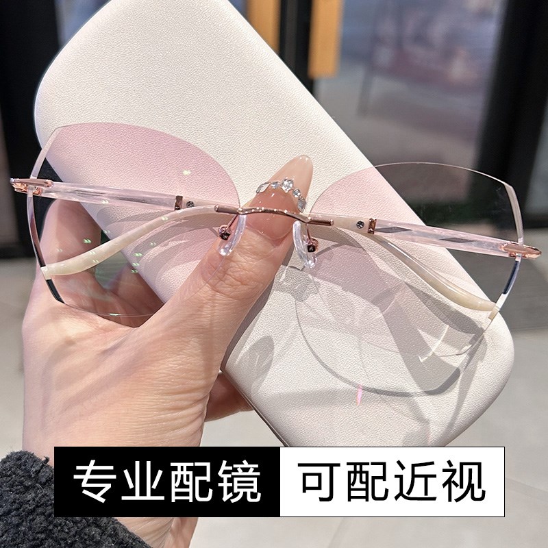 纯钛超轻无框眼镜女近视可配度数镜片防蓝光级感框镜架素颜神器